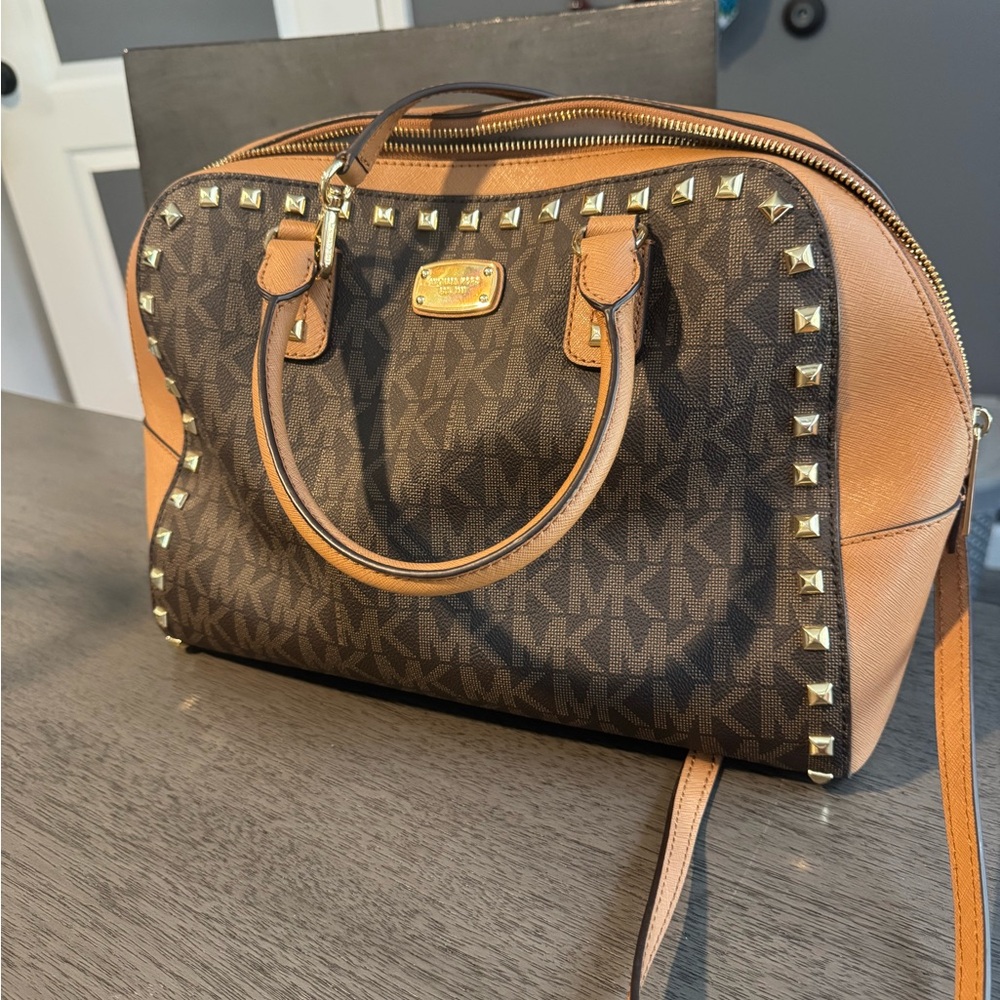 Michael Kors Black and Tan Studded Satchel